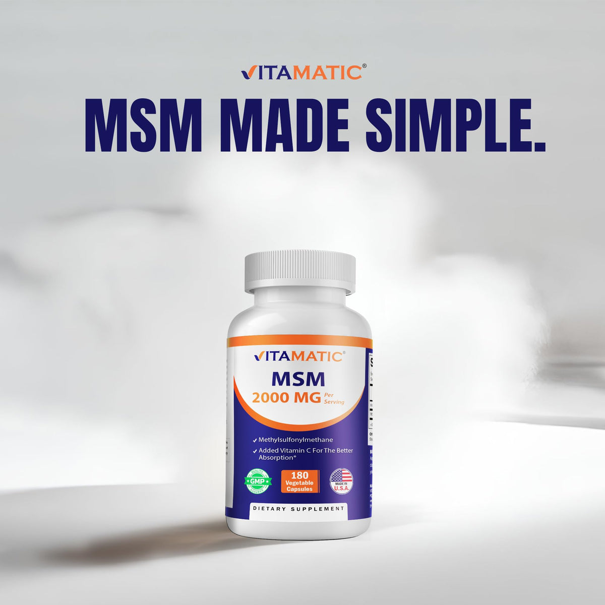 MSM 2000 mg with Vitamin C 180 Veg Capsules Non-GMO Gluten Free O1799