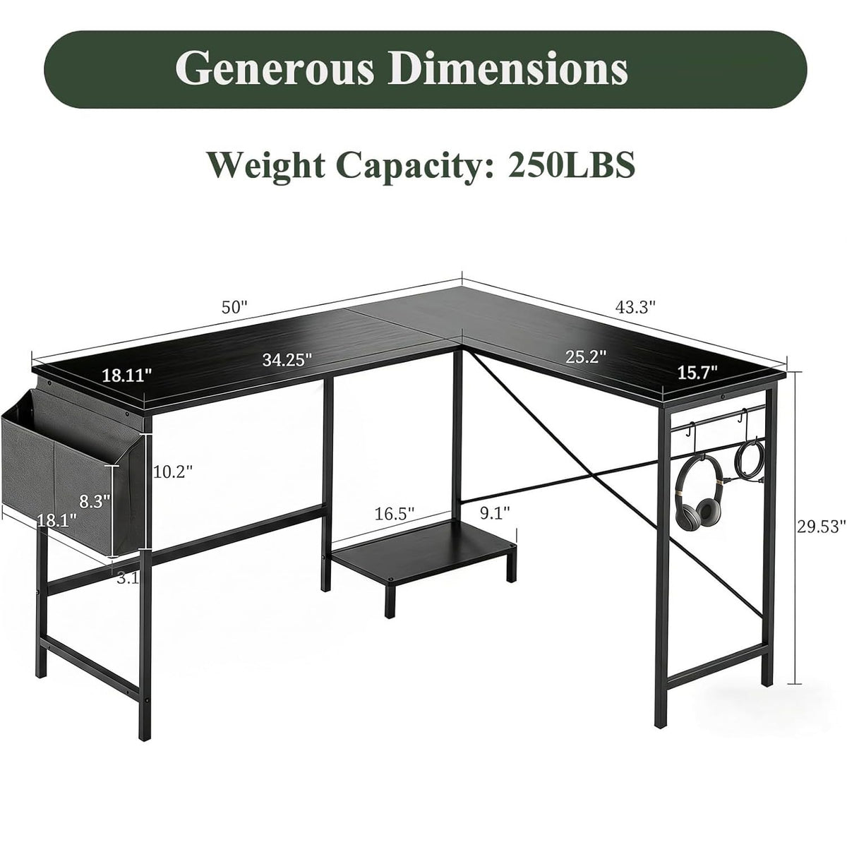 L Shaped 50 Inch Reversible Computer Desk with CPU Stand I481487