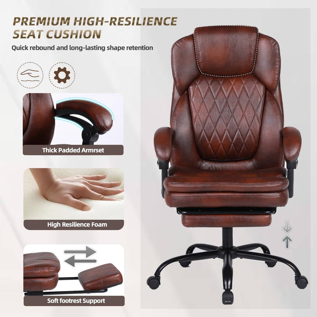 Big and Tall Brown PU Leather Reclining Office Chair with Foot Rest D2081