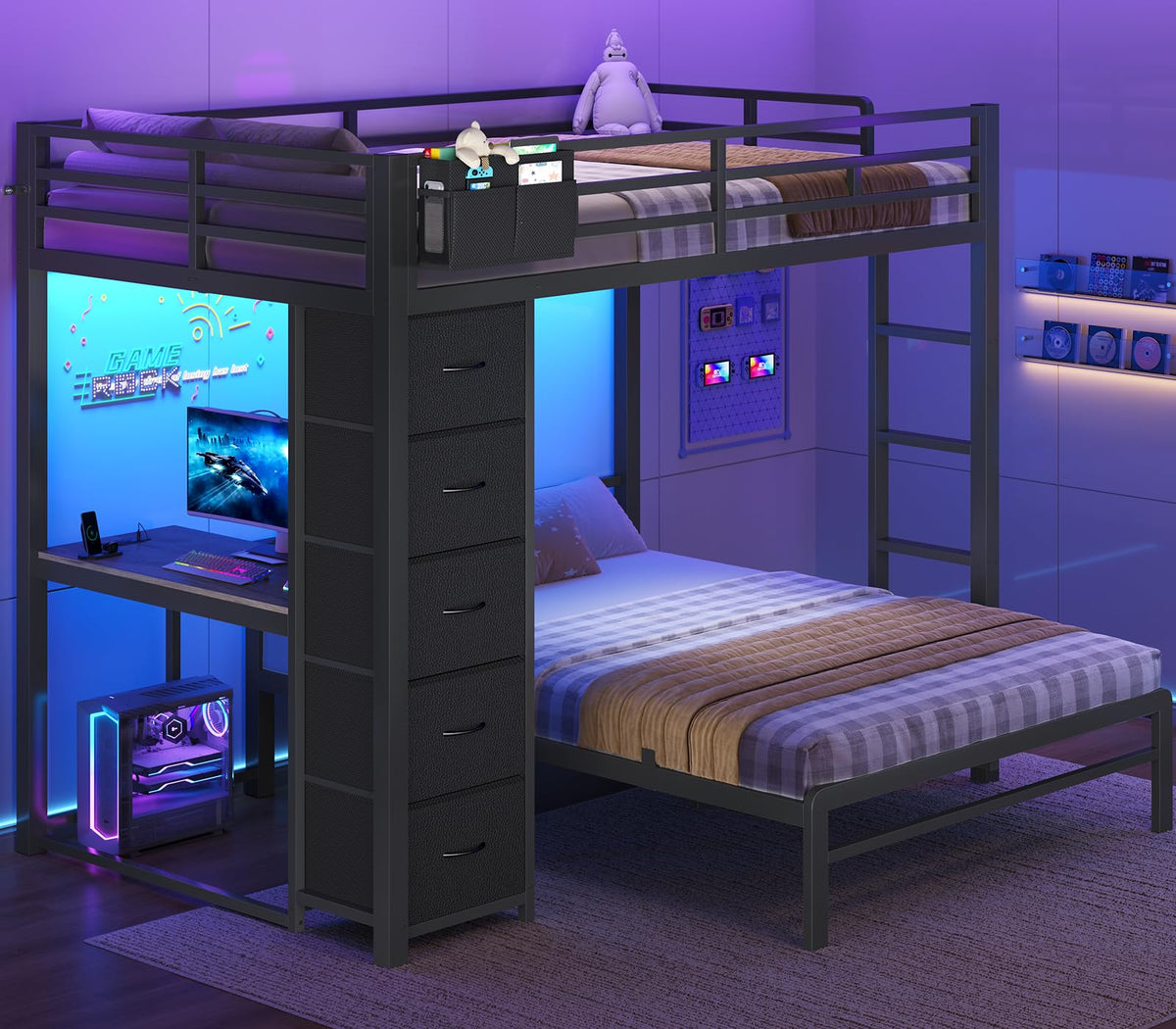Full Size Bunk Bed with Desk, 5 Drawers, Black Y54031