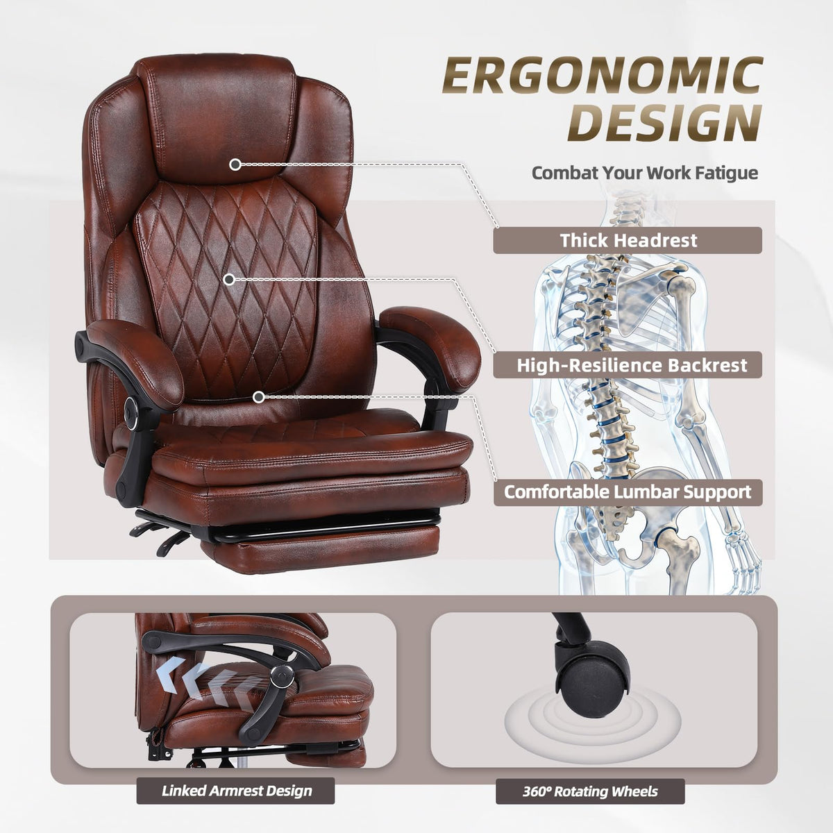 Big and Tall Brown PU Leather Reclining Office Chair with Foot Rest D2081