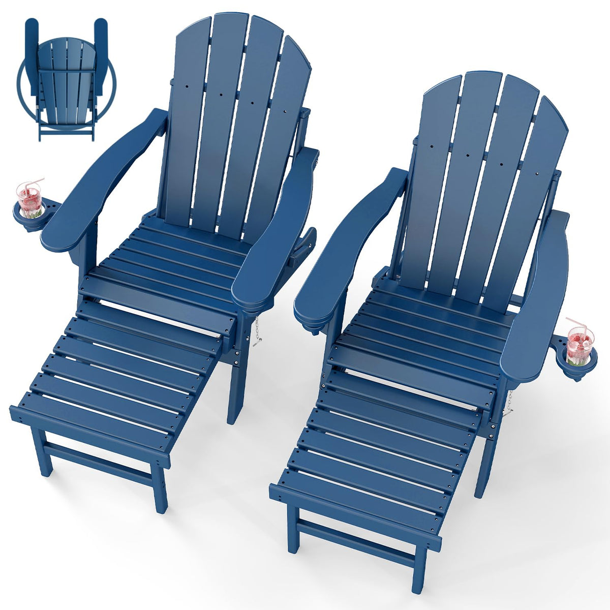 Set of 2 Blue Folding HDPE Plastic Adirondack Chairs with Pull-Out Footrest M674858