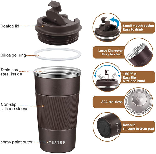 16 oz Stainless Steel Insulated Travel Coffee Mug with Lid N4401