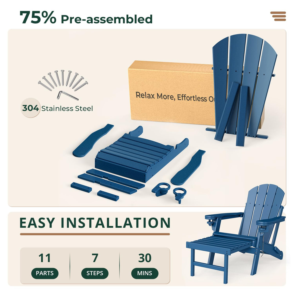 Set of 2 Blue Folding HDPE Plastic Adirondack Chairs with Pull-Out Footrest M674858