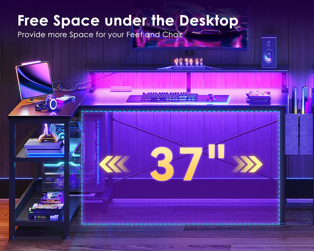 48 Inch L Shaped Gaming Desk with LED Lights and Power Outlets R7402