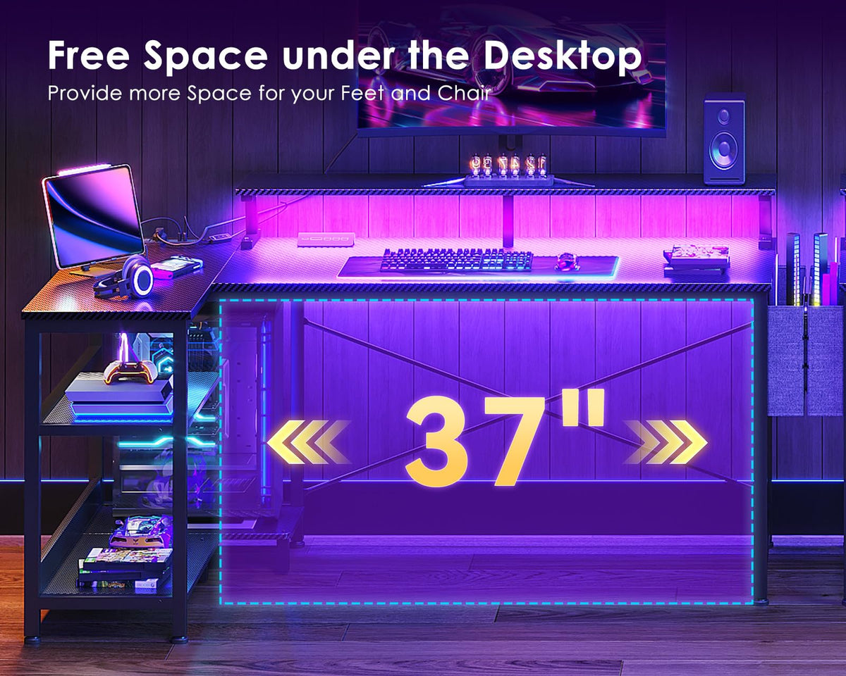 48 Inch L Shaped Gaming Desk with LED Lights and Power Outlets R7402
