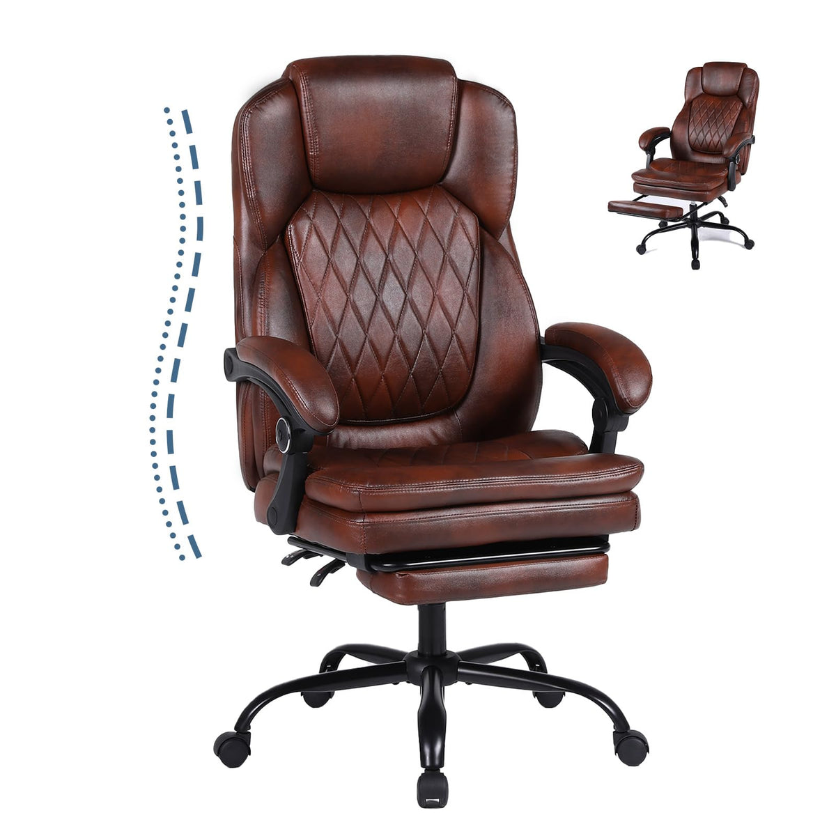 Big and Tall Brown PU Leather Reclining Office Chair with Foot Rest D2081
