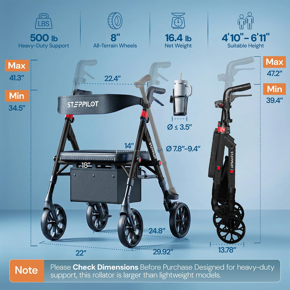 Bariatric Rollator Walker with Seat 500 lb Capacity C951777