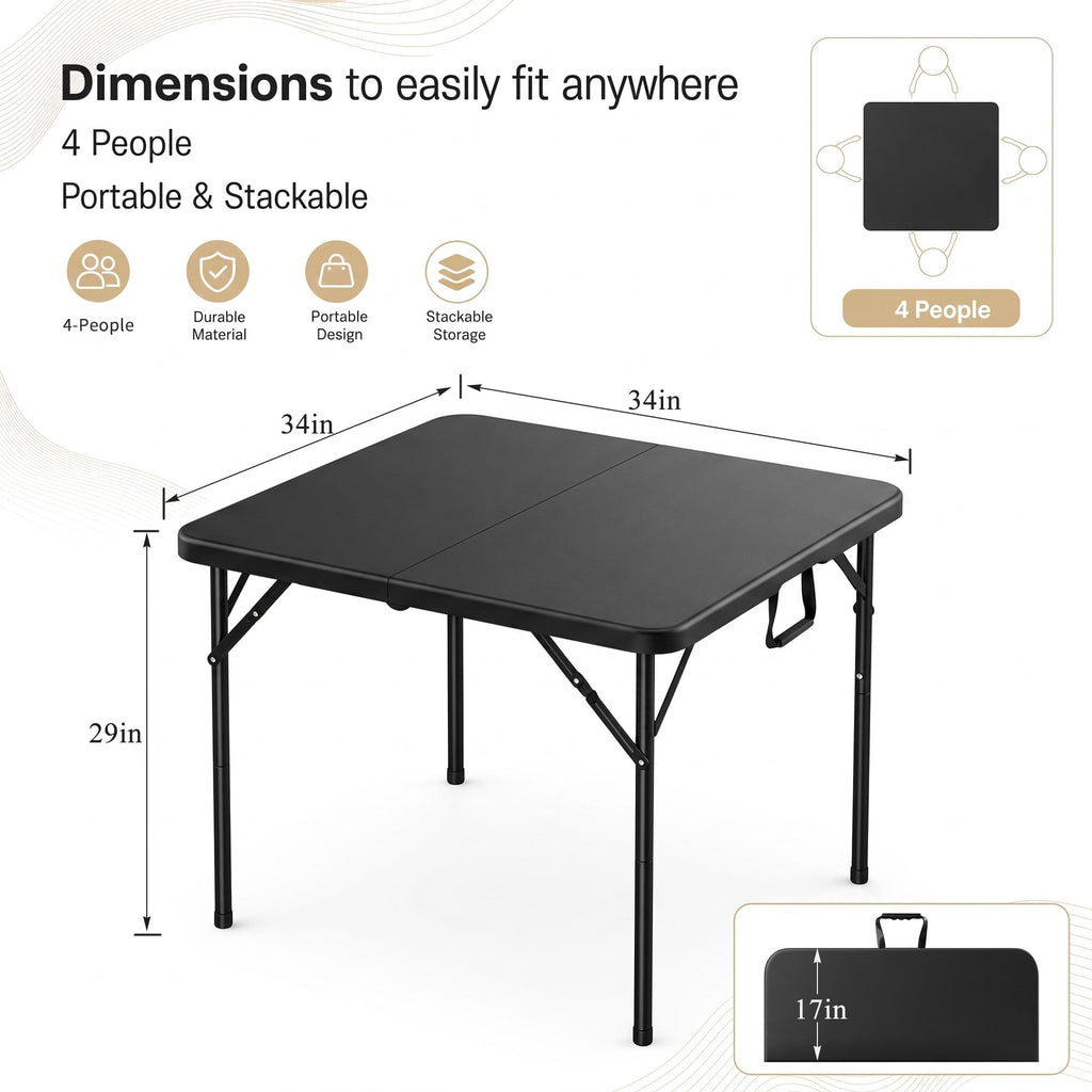 34" Square Folding Card Table with Built-in Handle, Black K361
