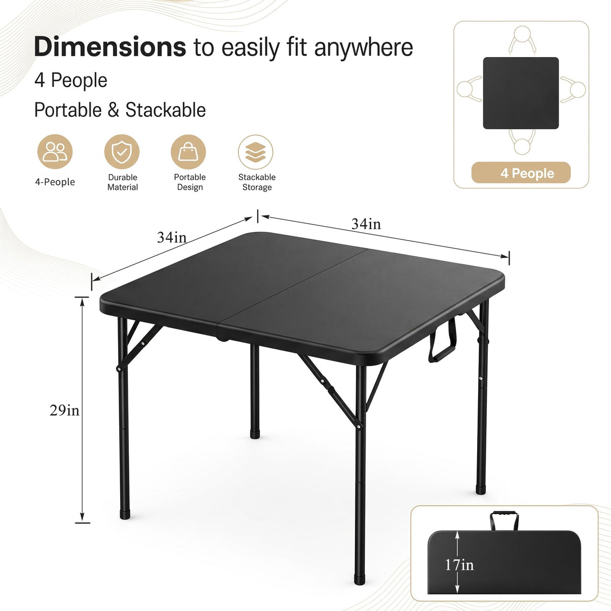 34" Square Folding Card Table with Built-in Handle, Black K361