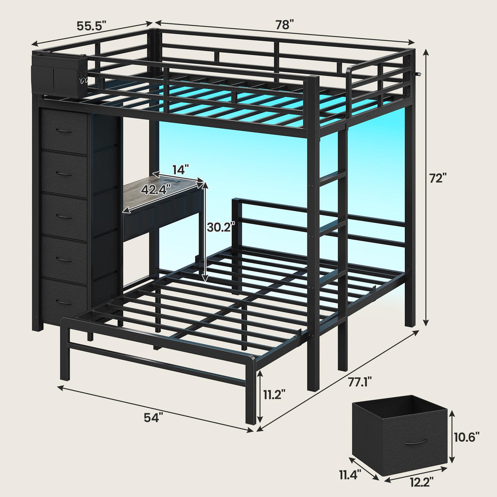 Full Size Bunk Bed with Desk, 5 Drawers, Black Y54031
