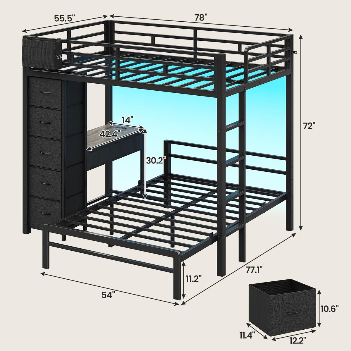 Full Size Bunk Bed with Desk, 5 Drawers, Black Y54031