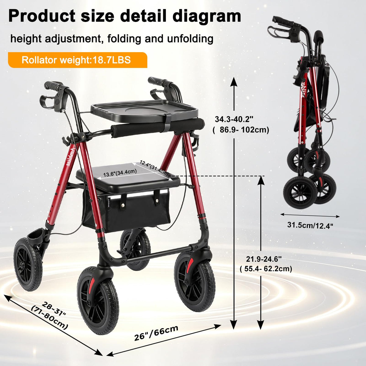 Foldable Rollator Walker with Seat & Tray L232612