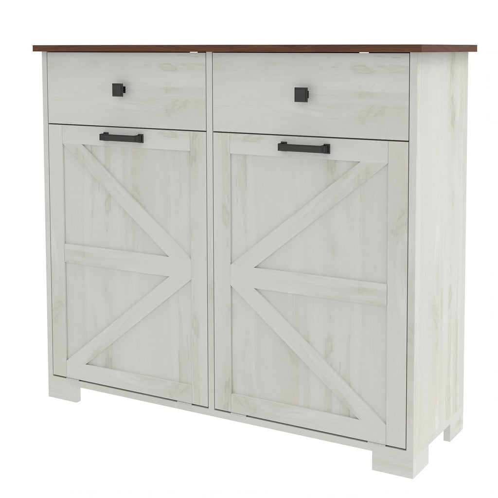 White Double Tilt Out Trash Recycling Cabinet with 2 Drawer Y4079