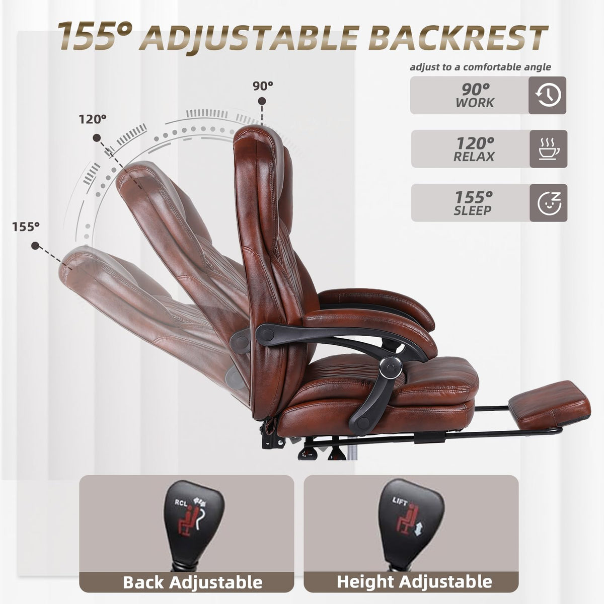 Big and Tall Brown PU Leather Reclining Office Chair with Foot Rest D2081