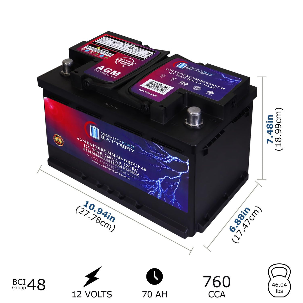 12V 70AH 760CCA Replacement Battery Z302