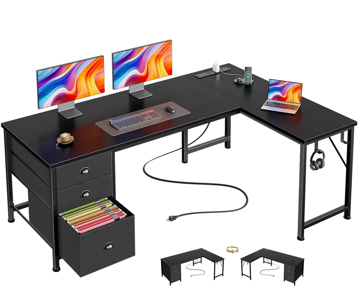 63" L Shaped Computer Desk with Outlets Black R396741