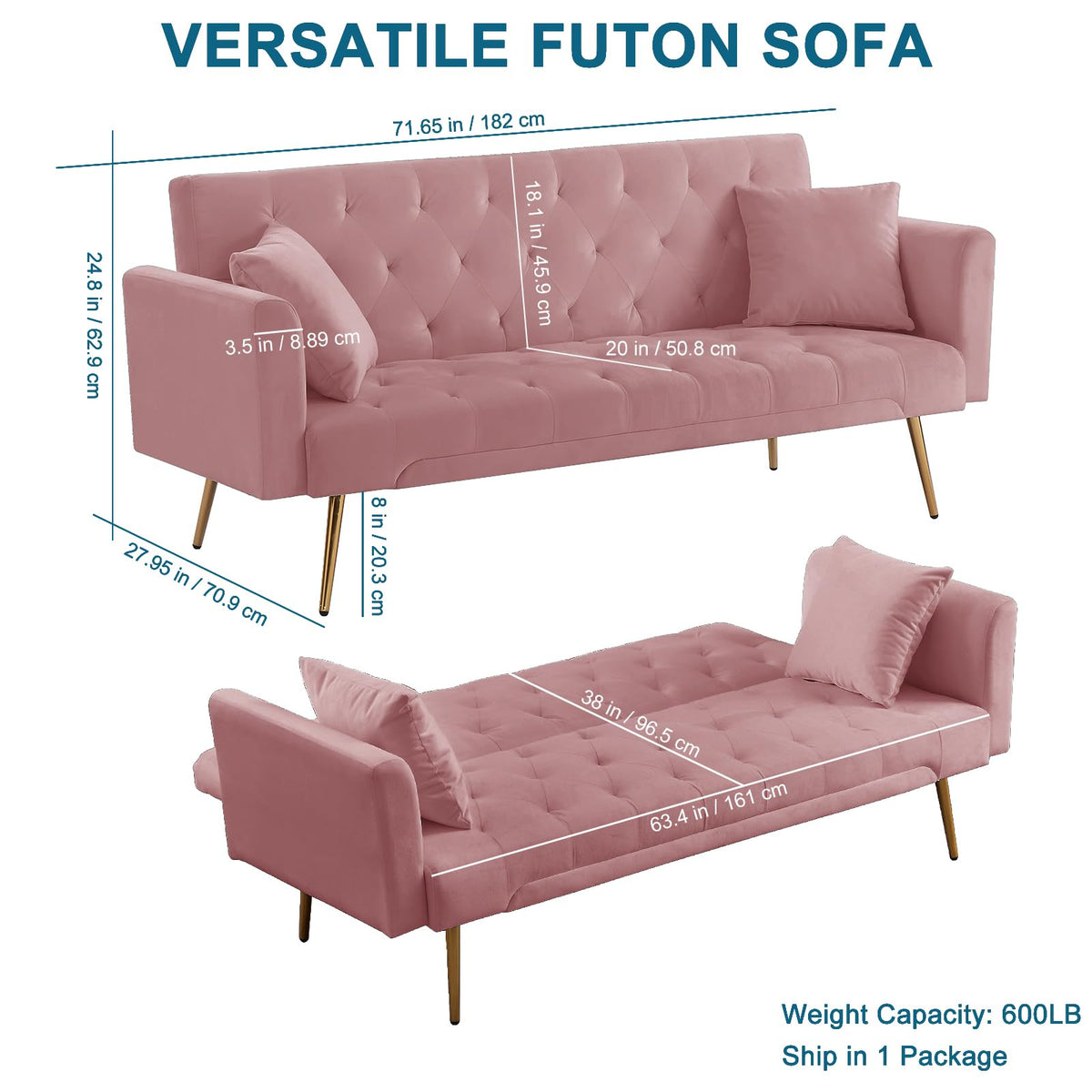 Pink Velvet Convertible Sofa Bed R308
