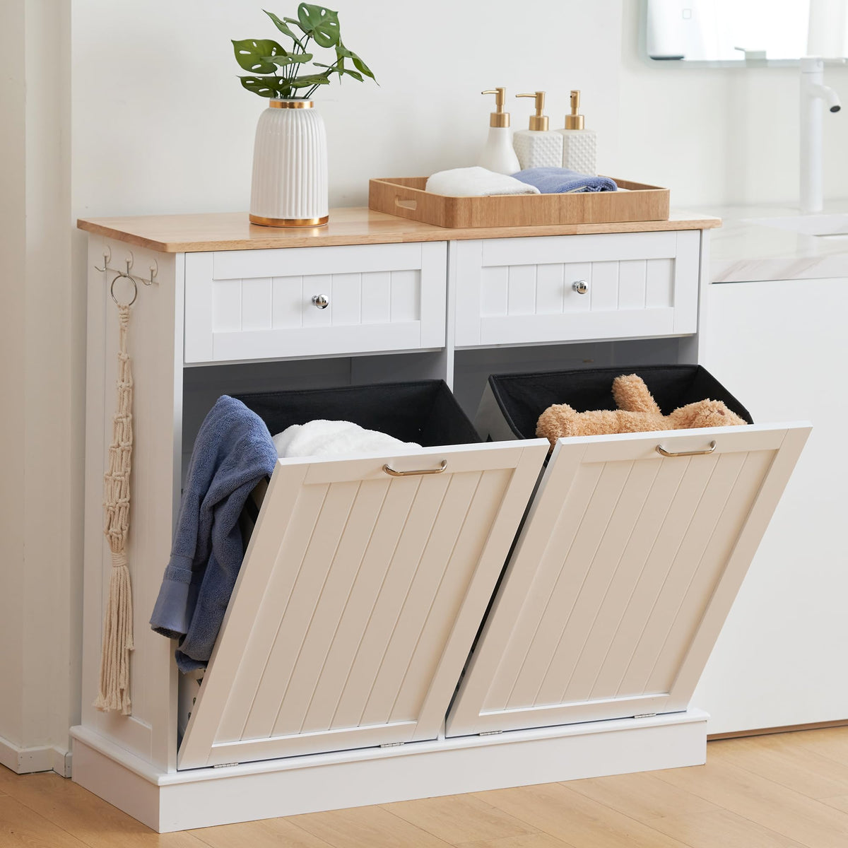 Double Tilt Out Trash Can Cabinet 2 X 13 Gallon with Storage B951