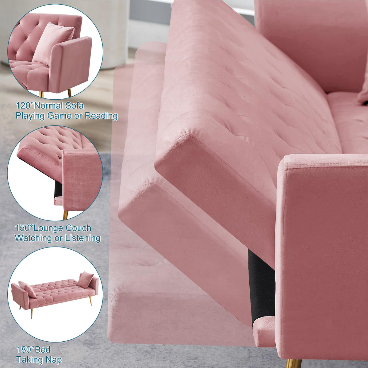 Pink Velvet Convertible Sofa Bed R308