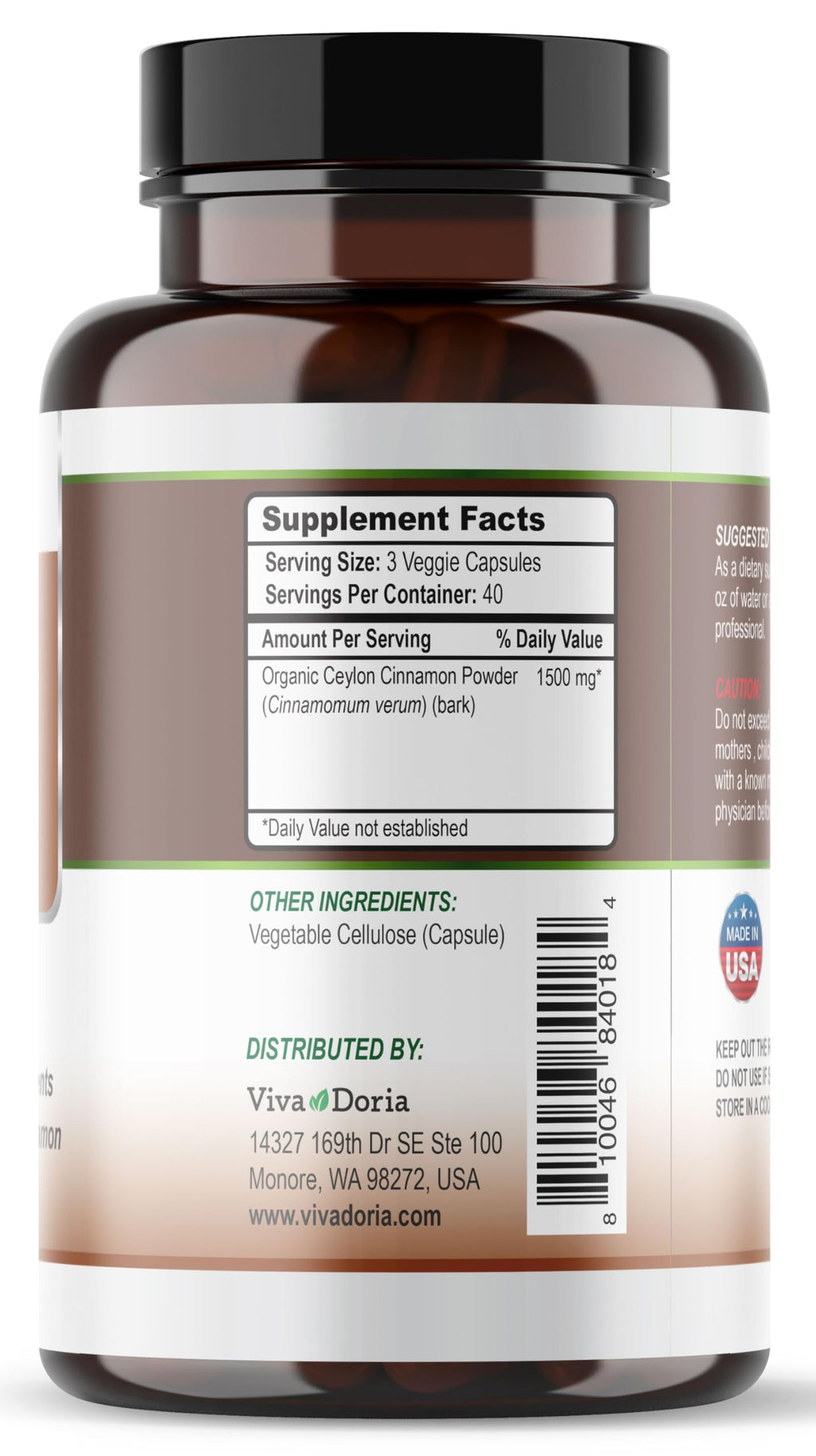 Ceylon Cinnamon 120 Veggie Capsules 1500mg Gelatin Free O653679