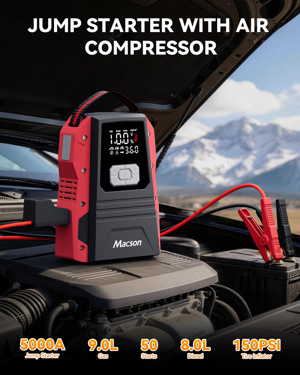 Portable 12V Jump Starter with Air Compressor and 150PSI Tire Inflator P830048