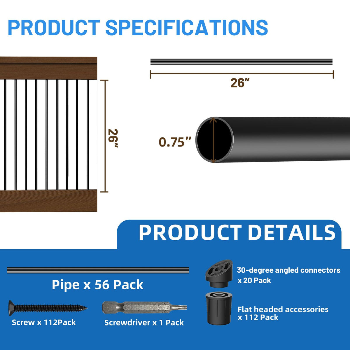 56 Pack 26 inch Black Round Aluminum Balusters T478082