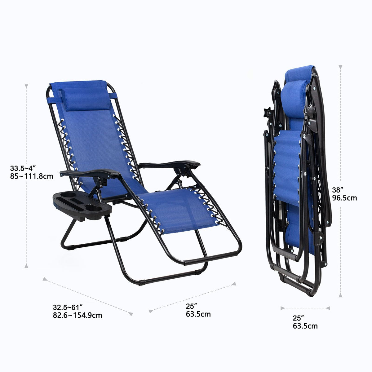 Set of 2 Adjustable Steel Mesh Zero Gravity Lounge Chairs with Pillow and Cup Holder V56868