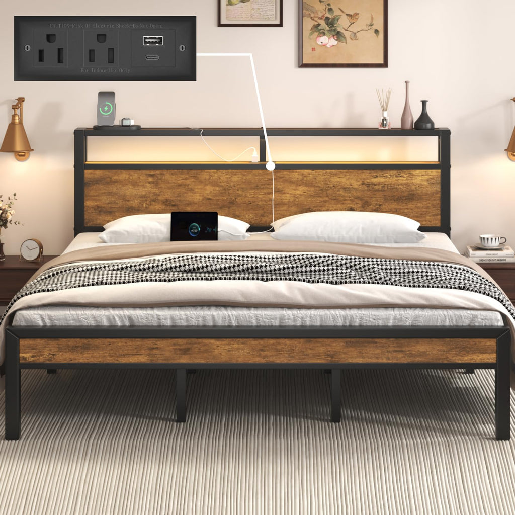King Size Bed Frame with LED Light and Charging Station O2181