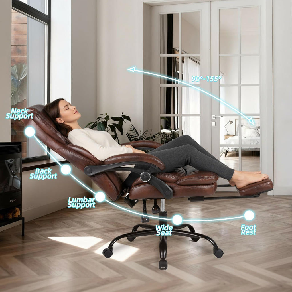 Big and Tall Brown PU Leather Reclining Office Chair with Foot Rest D2081