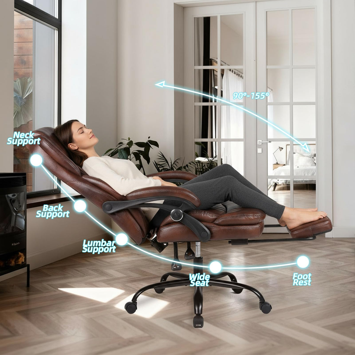 Big and Tall Brown PU Leather Reclining Office Chair with Foot Rest D2081