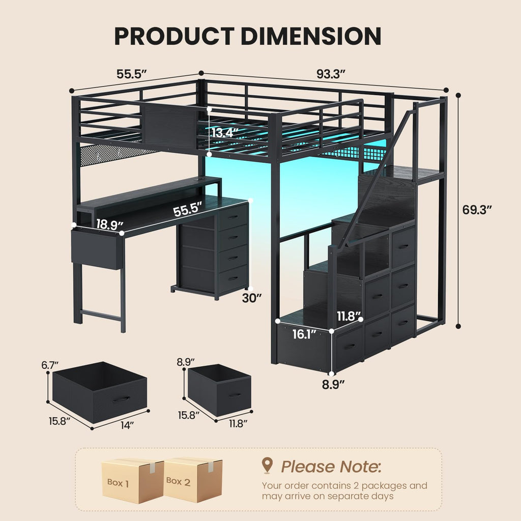 Full Size Loft Bed with Desk and Storage Stairs L524056