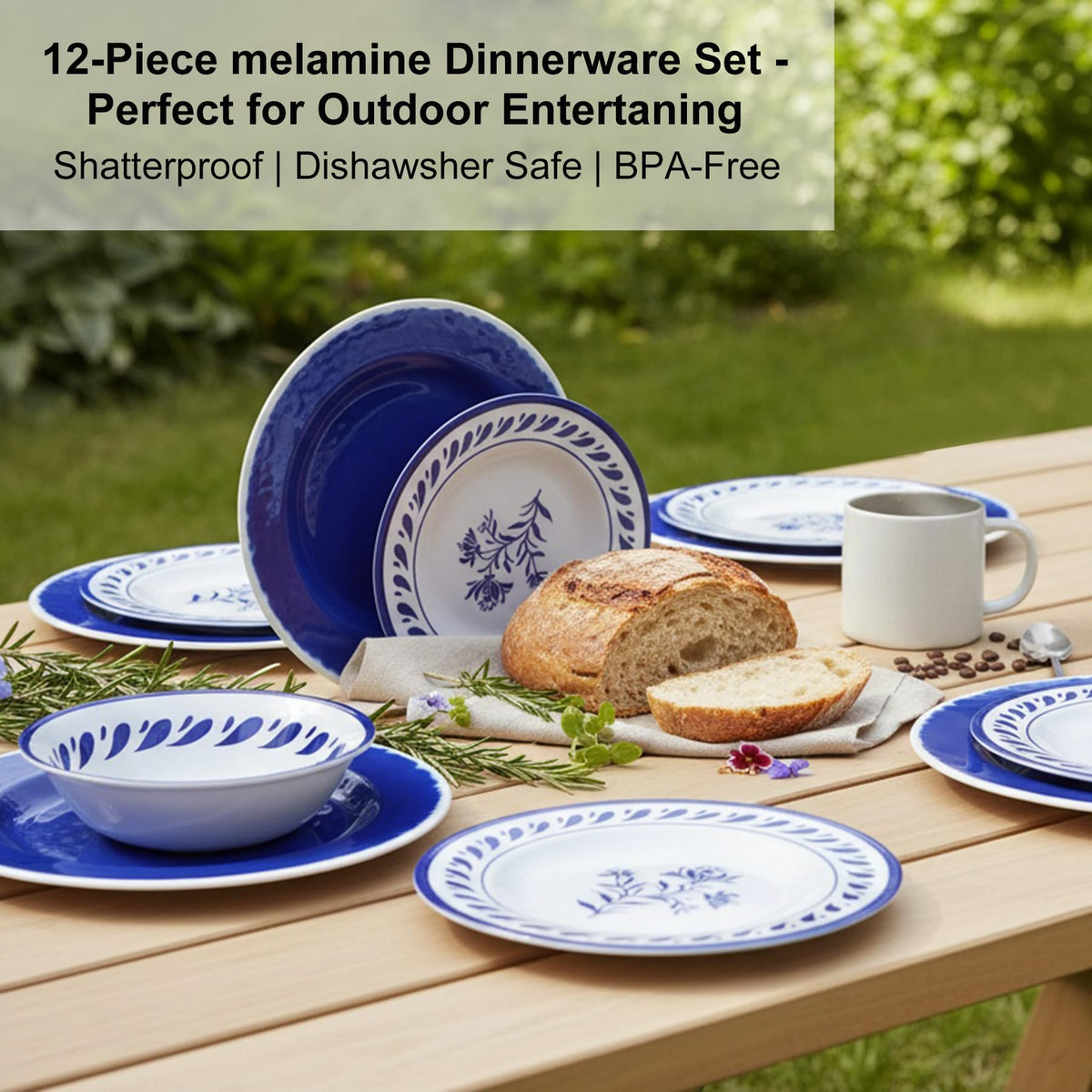 Blue 12-Piece Melamine Dinnerware Set D581488