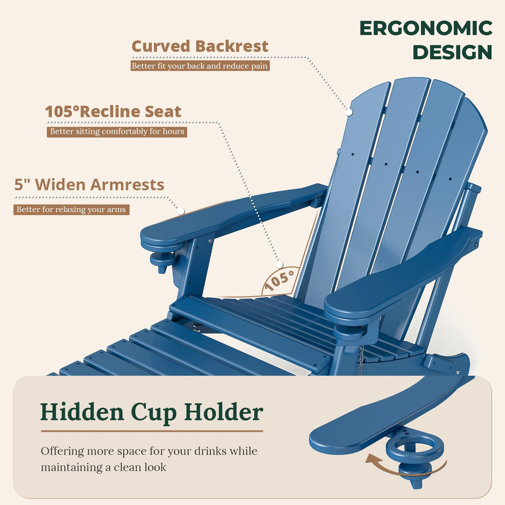 Set of 2 Blue Folding HDPE Plastic Adirondack Chairs with Pull-Out Footrest M674858