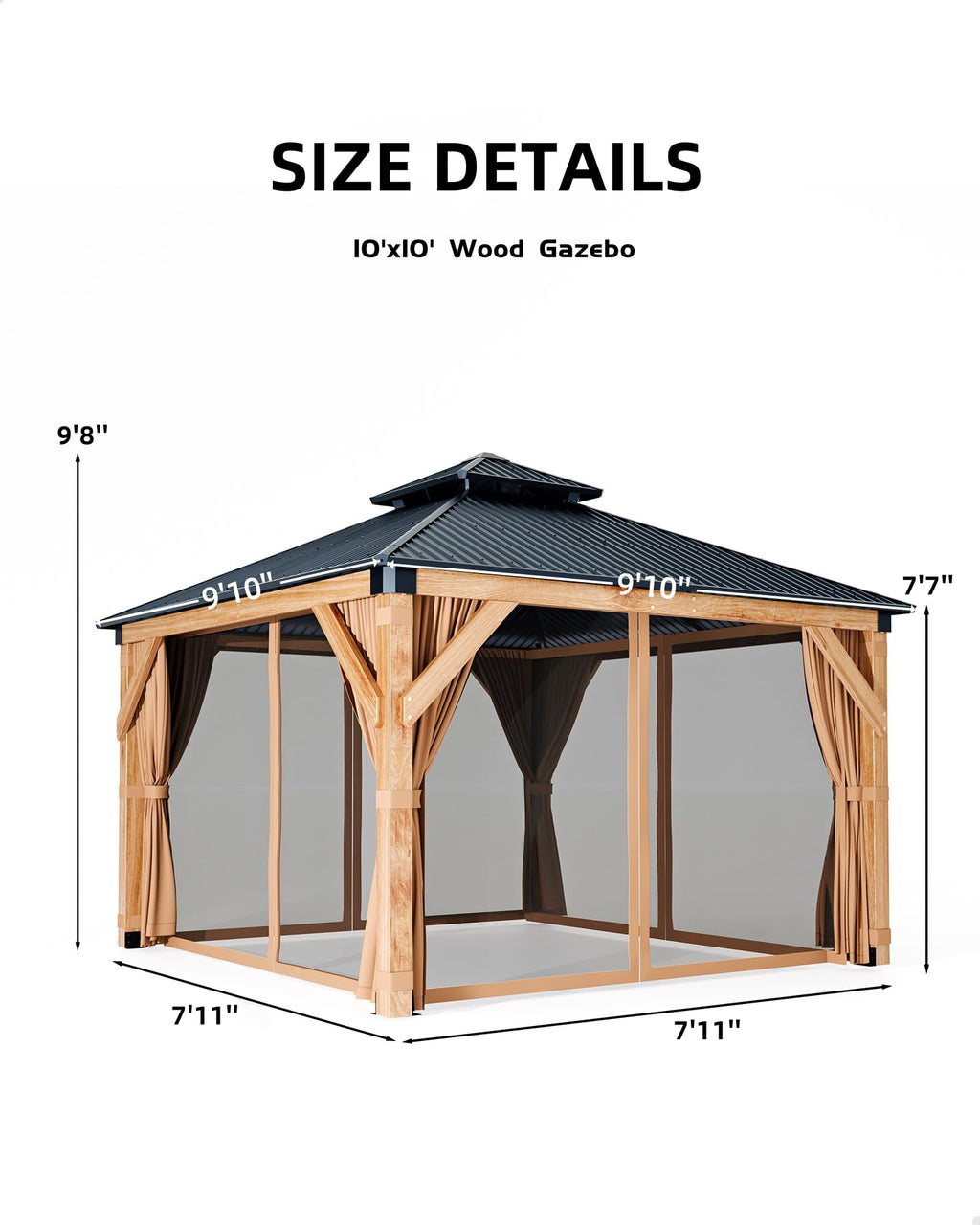 Hardtop Wood Gazebo 10 x 10 ft with Double Metal Roof F923033