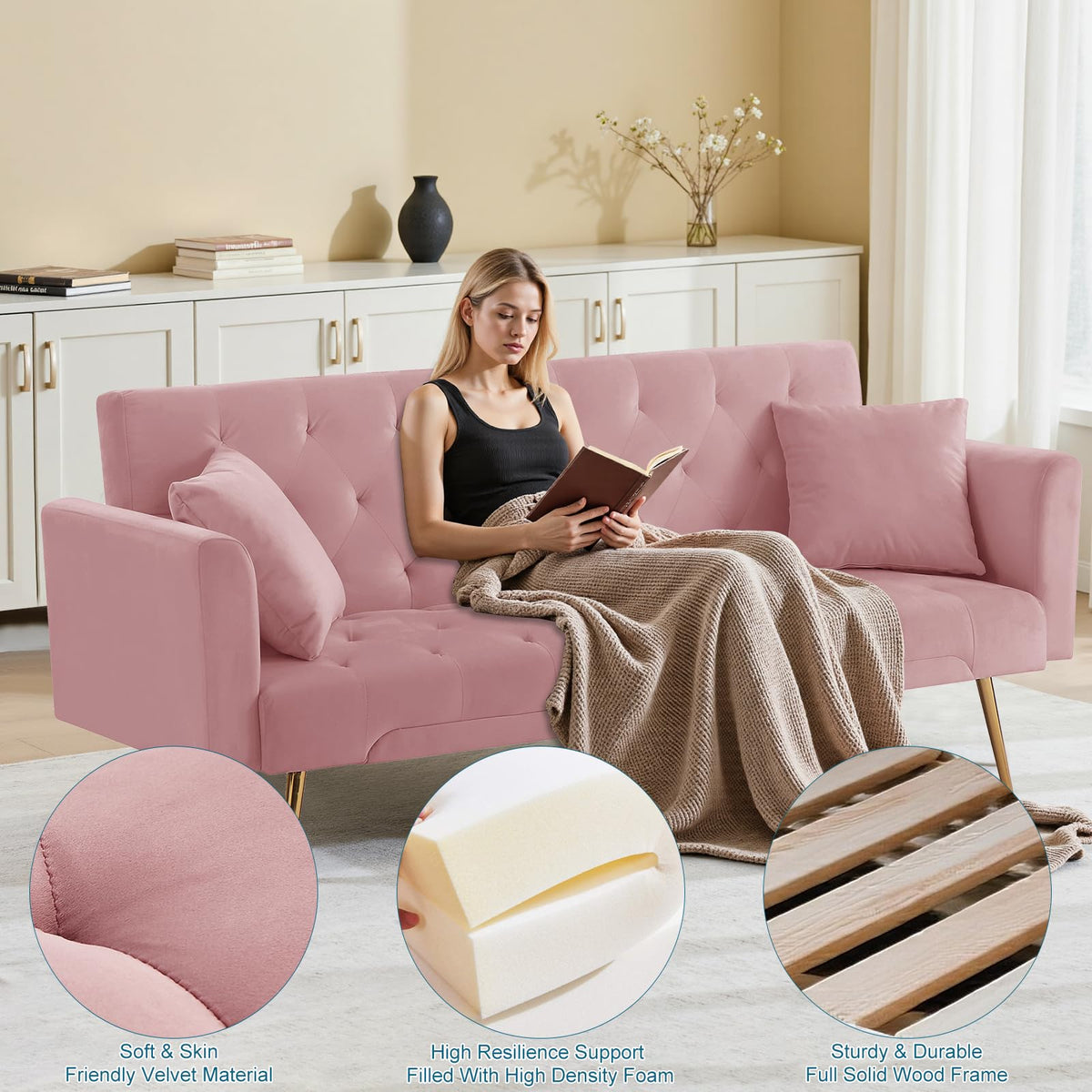 Pink Velvet Convertible Sofa Bed R308