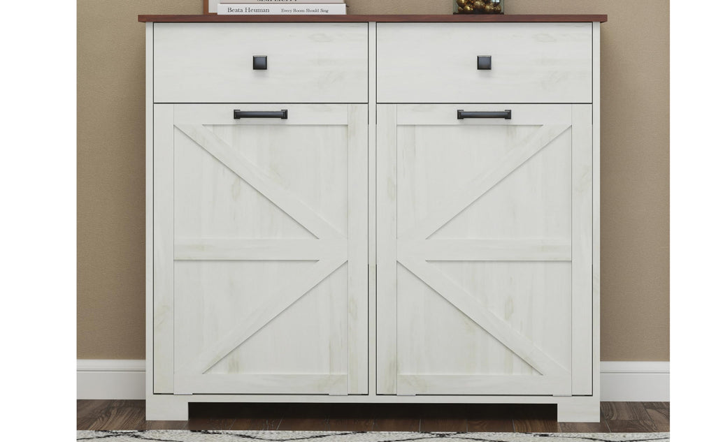 White Double Tilt Out Trash Recycling Cabinet with 2 Drawer Y4079