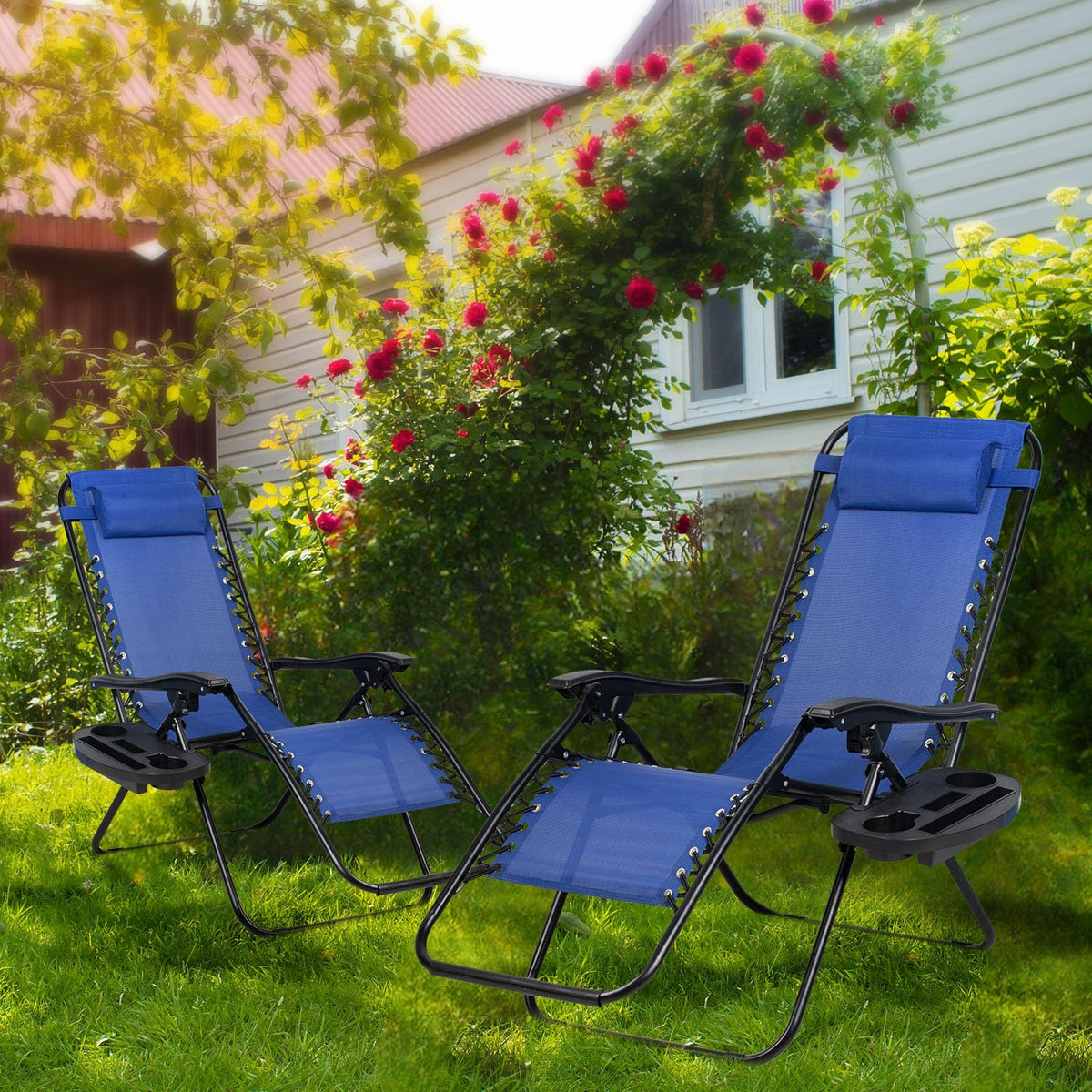 Set of 2 Adjustable Steel Mesh Zero Gravity Lounge Chairs with Pillow and Cup Holder V56868