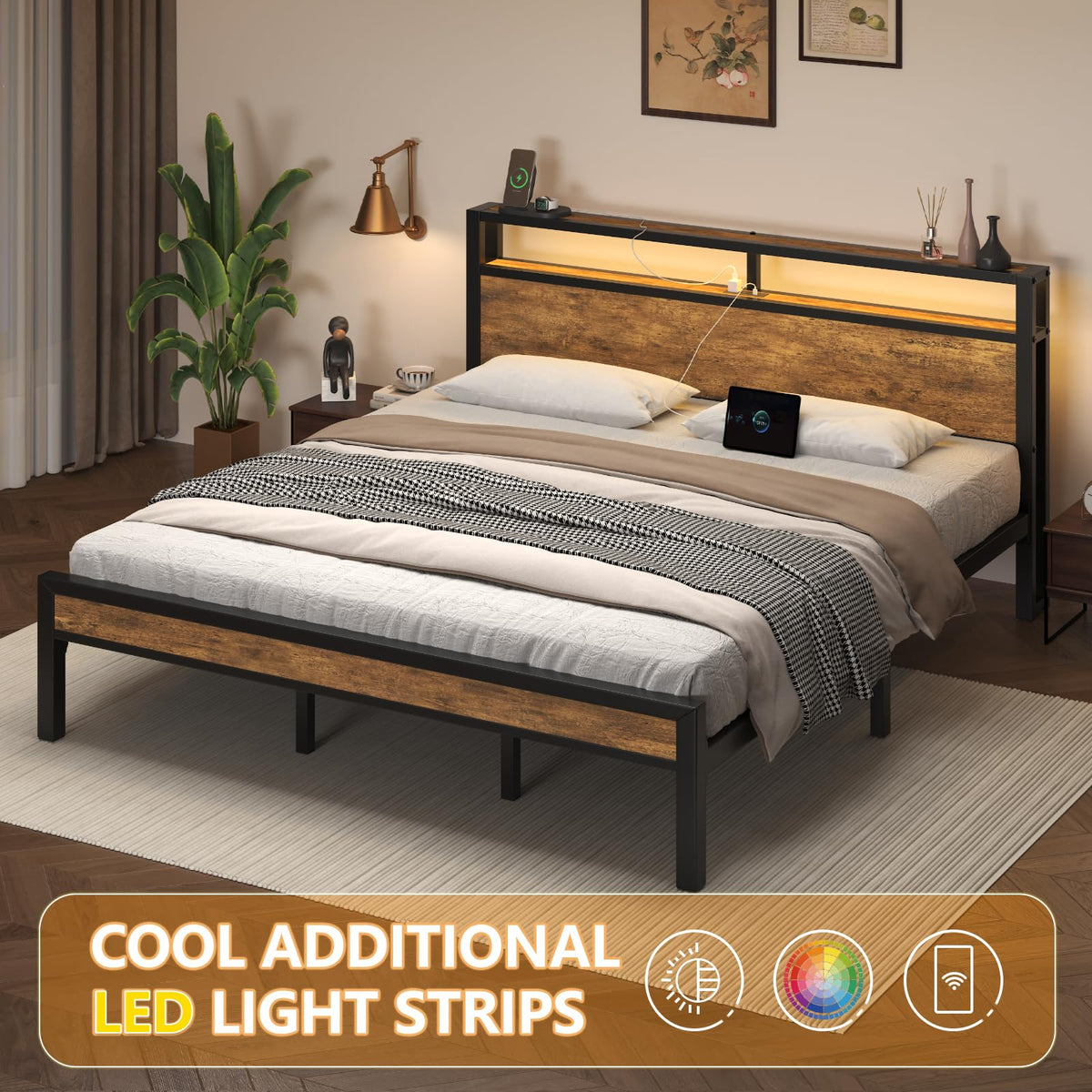 King Size Bed Frame with LED Light and Charging Station O2181