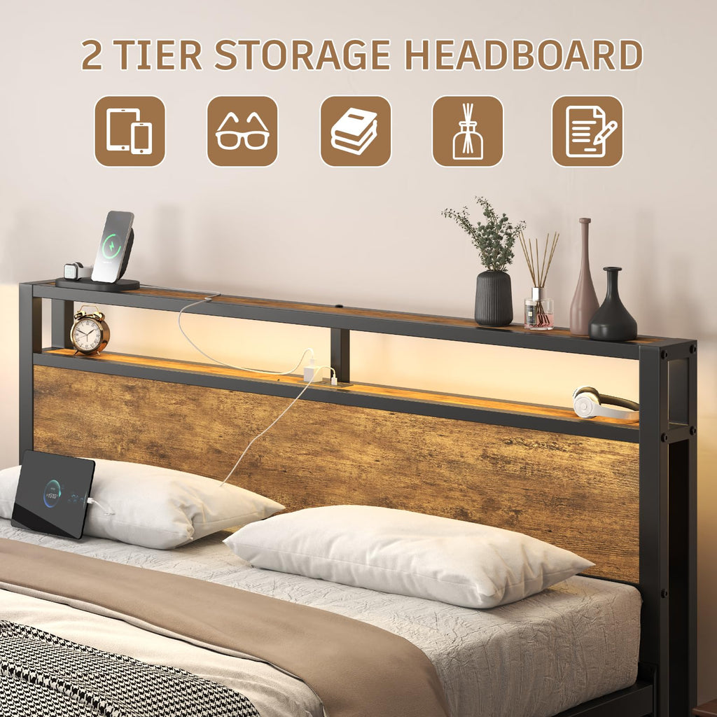 King Size Bed Frame with LED Light and Charging Station O2181