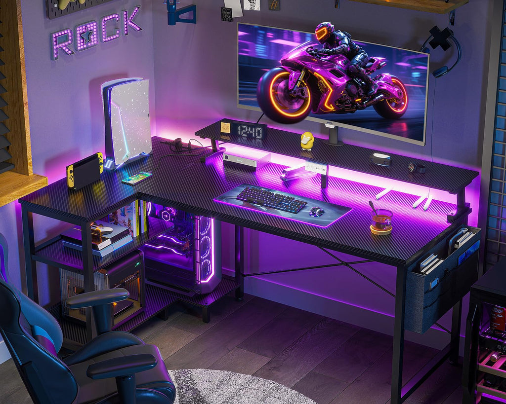 48 Inch L Shaped Gaming Desk with LED Lights and Power Outlets R7402
