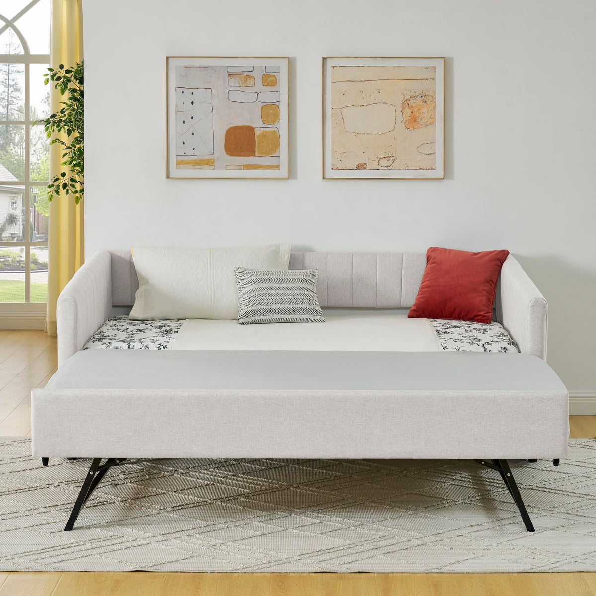 Twin Size Upholstered Linen Daybed with Trundle Y8042