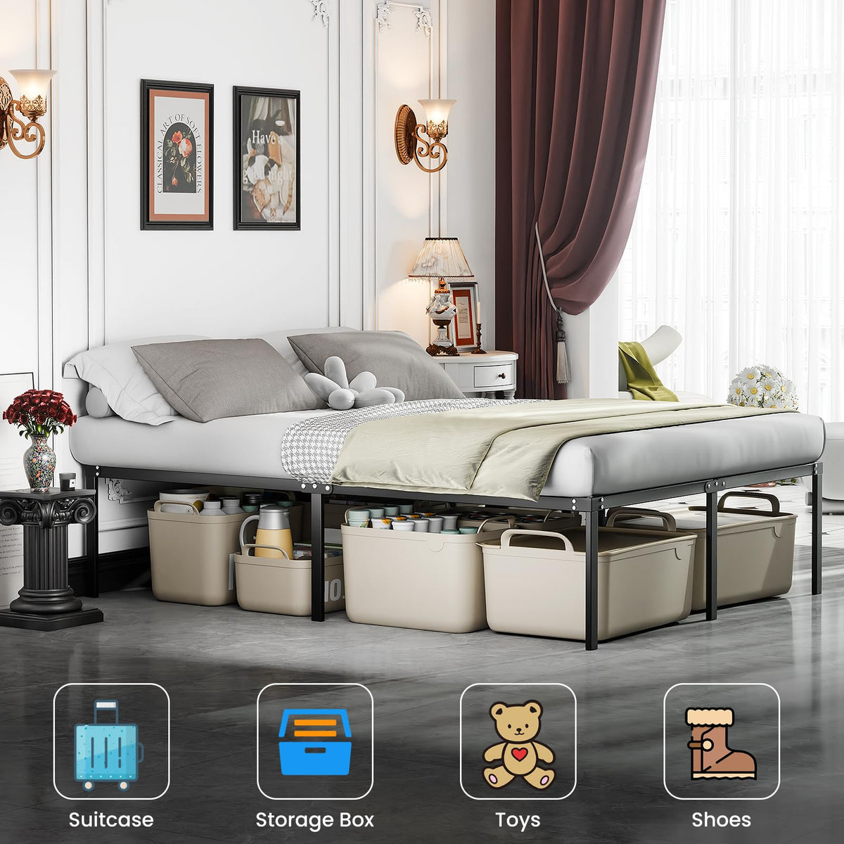 Queen 18 Inch Heavy Duty Metal Platform Bed Frame with Under Bed Storage P769