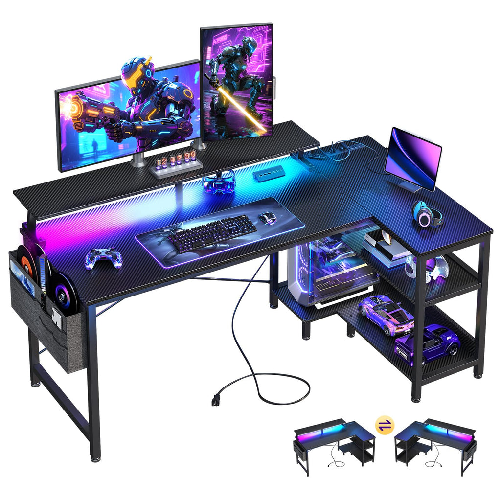 48 Inch L Shaped Gaming Desk with LED Lights and Power Outlets R7402