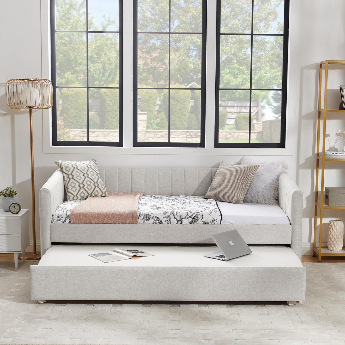 Twin Size Upholstered Linen Daybed with Trundle Y8042