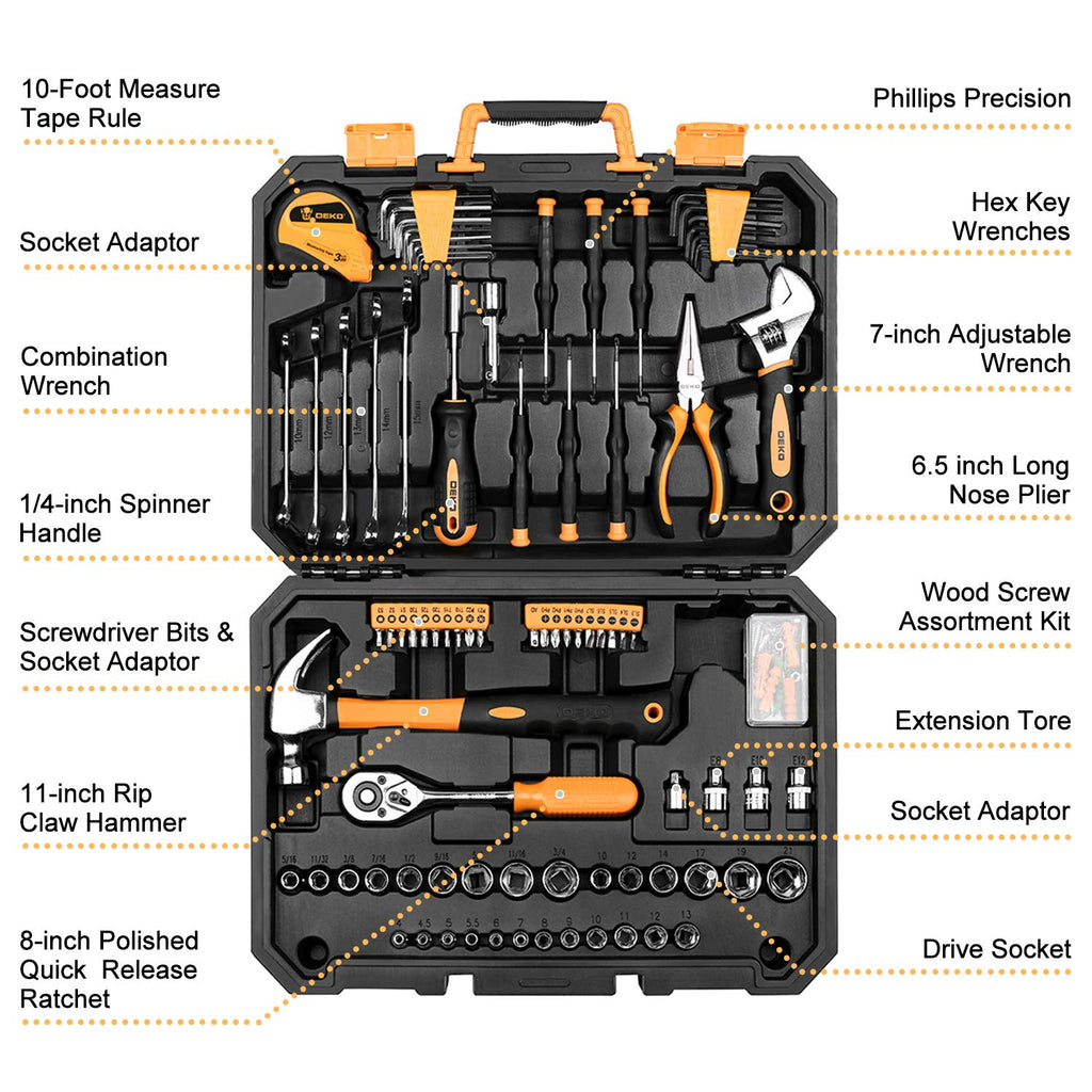 128 Piece Household Hand Tool Kit with Plastic Toolbox Storage Case Y269273
