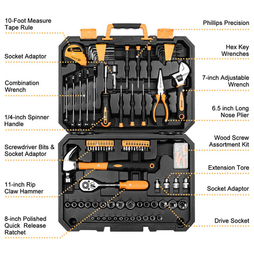 128 Piece Household Hand Tool Kit with Plastic Toolbox Storage Case Y269273