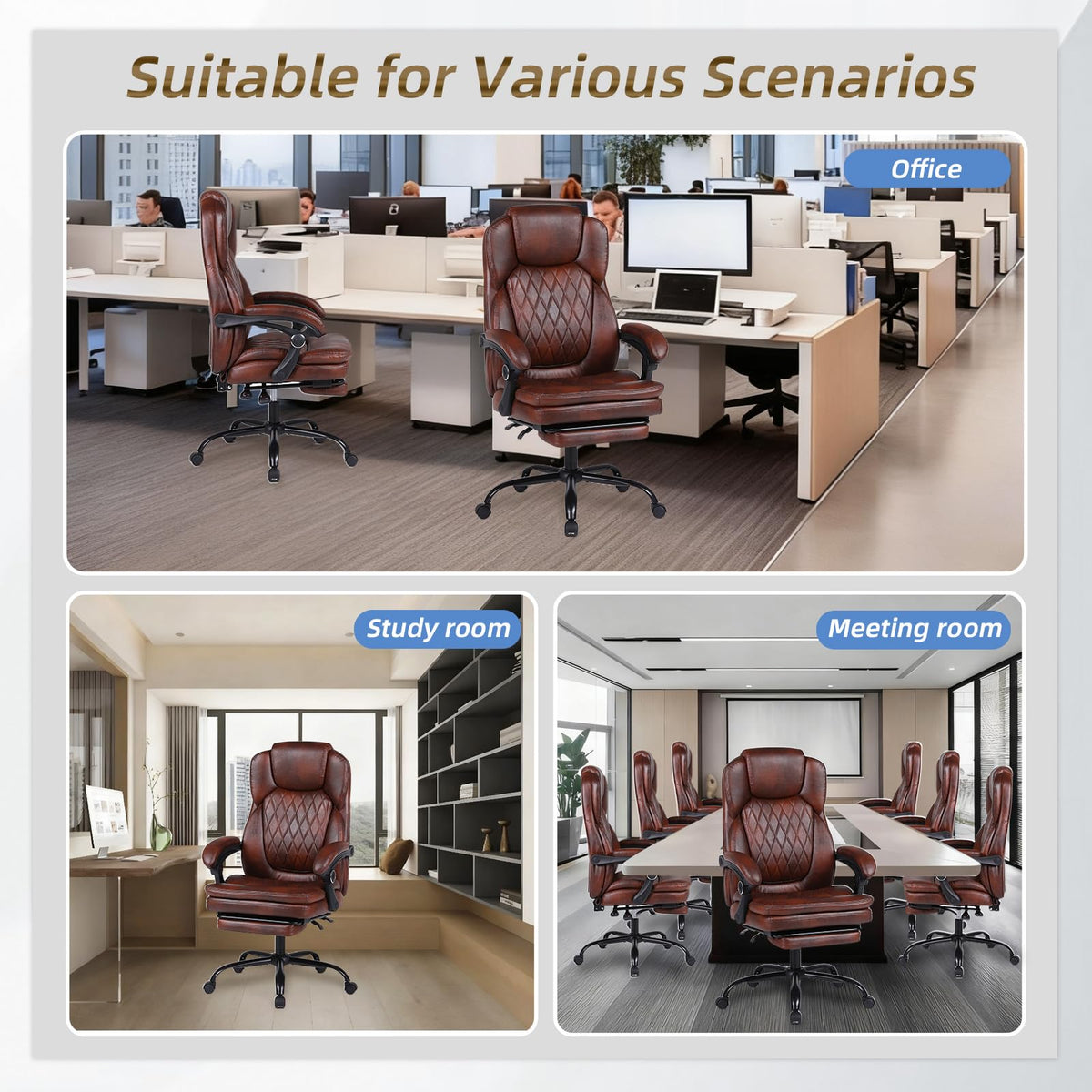 Big and Tall Brown PU Leather Reclining Office Chair with Foot Rest D2081
