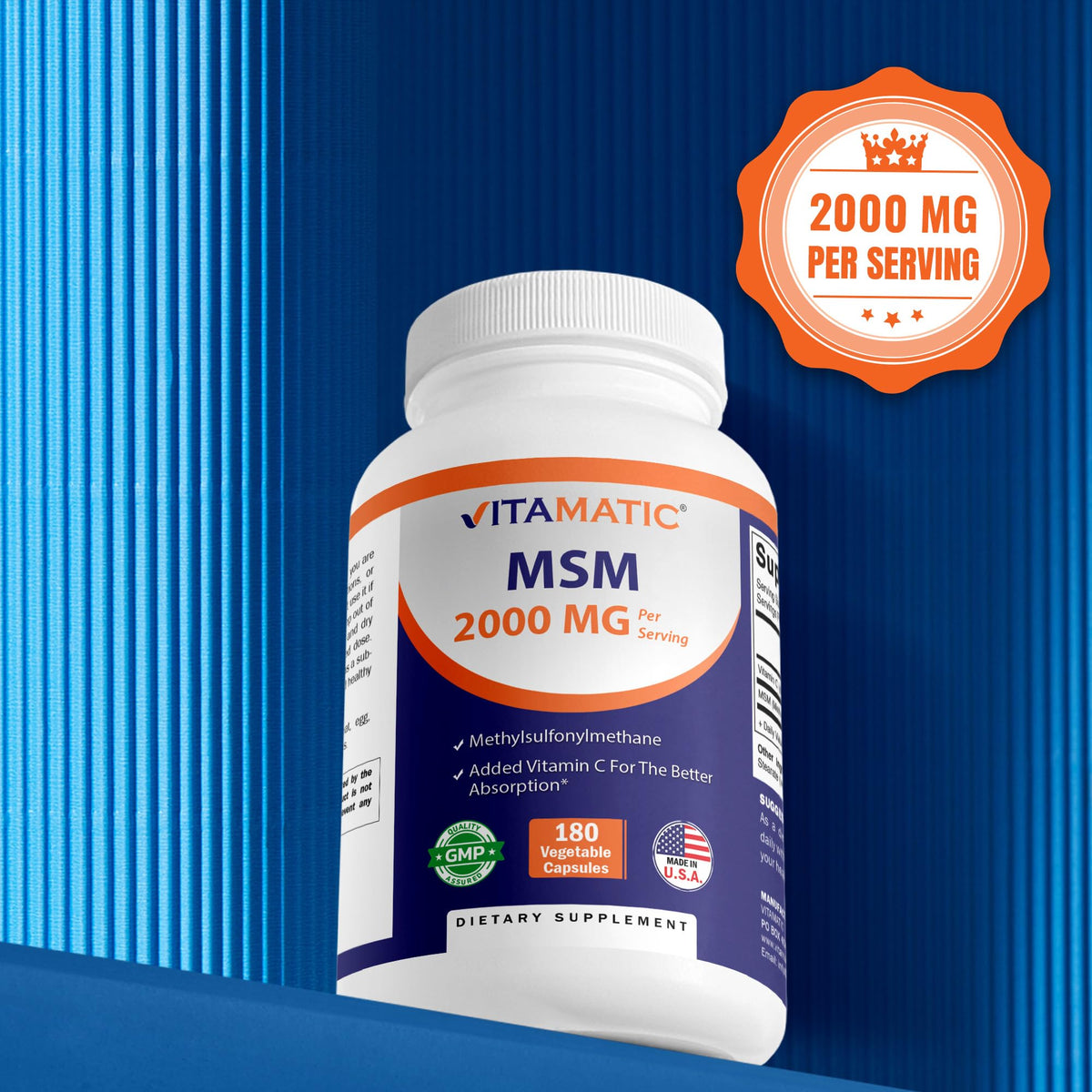 MSM 2000 mg with Vitamin C 180 Veg Capsules Non-GMO Gluten Free O1799
