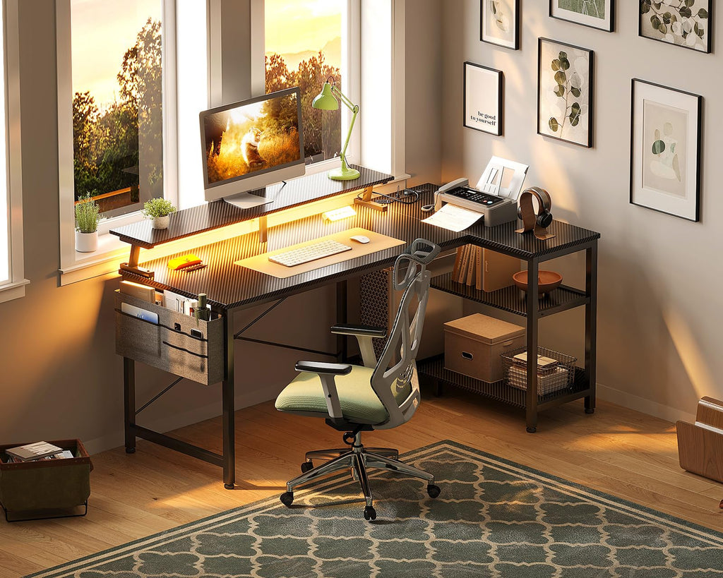 48 Inch L Shaped Gaming Desk with LED Lights and Power Outlets R7402